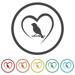 Bird in heart ring icon, color set