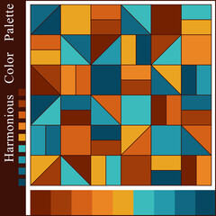 Harmonious Color Palette with Geometric Background of Simple Blue, Brown, Orange, Yellow Figures.