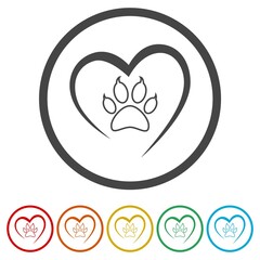 Heart with paw ring icon, color set