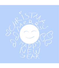 New year and Christmas text design white letters on a blue background Laughing sun hearts