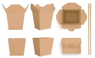 Brown Wok box and chopsticks, craft paper packaging for chinese food, noodle or rice. Vector realistic mockup of closed and open takeaway boxes in front and top view and bamboo sticks