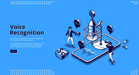 Obraz na płótnie Canvas Voice recognition banner. AI technologies for recording sound, dictate messages and speech. Vector landing page with isometric illustration of microphone, smartphone with soundwaves and people