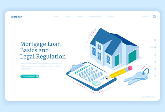 Mortgage Loan Regulation Isometric Landing Page. Cottage House With Key And Contract Document For Sign. Hypothec Debt Basic And Legal Adjustment, Personal Bank Credit For Buying Home, 3d Web Banner