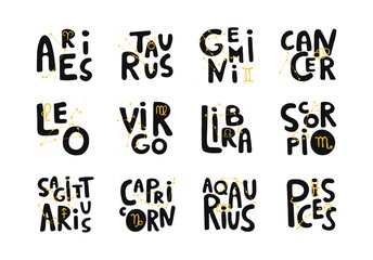 Set of vector zodiac sign. Hand lettering horoscope
