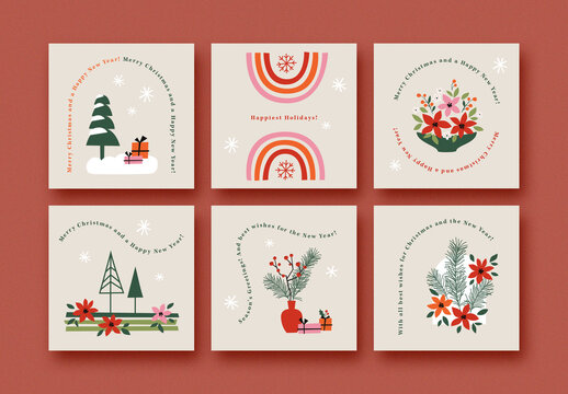 Holiday Card Layout Set with Illustrations