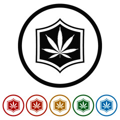 Shield and marijuana or cannabis leaf ring icon, color set