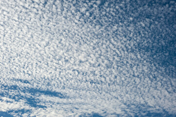 White unusual fluffy clouds in the blue sky.