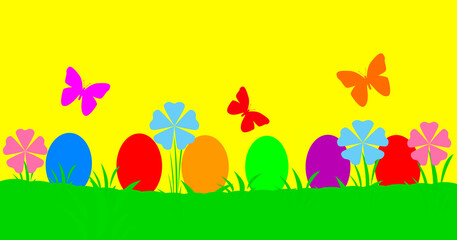 Bright easter holiday template for greeting card. Easter eggs, flowers, buterfly on green grass and yellow background. Space for text
