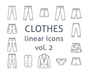 Men clothes flat line vector icons. Simple linear symbols of male basic garments. Main categories for online shop. Outline infographic elements. Contour silhouettes of pants, shorts, business suit