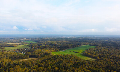 Obraz premium Aerial view of the autumn European forest with yellow and green trees