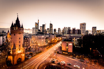 Frankfurt in Germany, a great city with many old houses and skyscrapers. Sunset or sunrise photo...