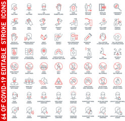 Prevention and symptoms Coronavirus Covid19 line icons set isolated on white. Perfect outline health medicine symbols pandemic banner. Vector design elements covid virus treatment with editable Stroke