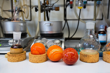 Scientific background, bottles with chemicals, research laboratory environment