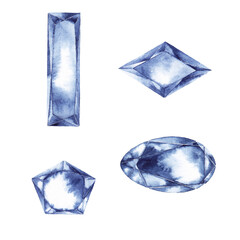 Set of cut jewelry white-blue stones. Four diamonds, ice peaces, crystals, brilliants in different geometric shapes. Watercolor hand painted isolated elements on white background.