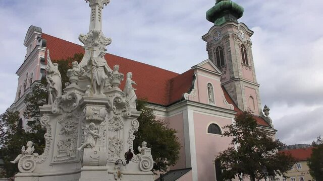 The church on the main square of medieval town Hainburg an der Donau, town is in the Bruck an der Leitha district, Lower Austria, Austria. The easternmost Austrian city