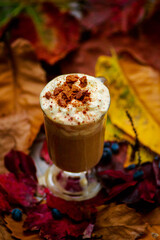 Spicy pumpkin latte with spices and a cap of whipped cream decorated with cinnamon