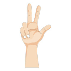 One Hands showing three fingers on white background, Vector illustration three finger gesture sign, Cartoon Hand showing number 3, Raise 3 fingers symbolic gestures concept.