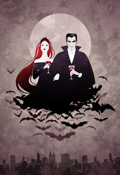 Couple of vampires drinking wine, floating on a cloud of bats over the city