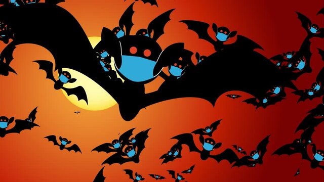 Loopable Halloween animation featuring a swarm of cute bats wearing Covid surgical face masks for protection against the pandemic