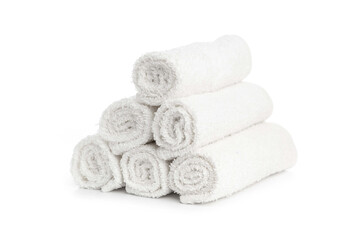 Fototapeta na wymiar stack of white clean towels rolled up on white background