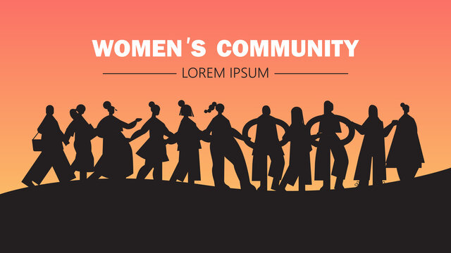 girls silhouettes standing together female empowerment movement women's community union of feminists concept horizontal full length vector illustration