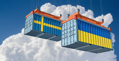 Freight containers with Sweden and Ukraine national flags. 3D Rendering