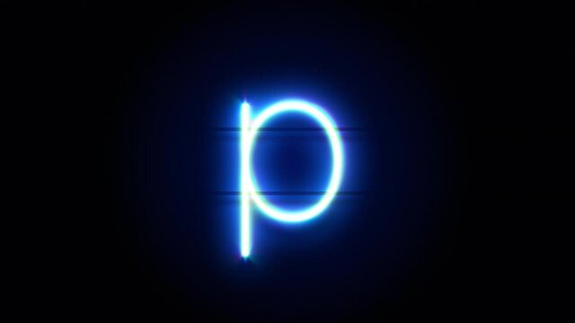Neon font letter P lowercase appear in center and disappear after some time. Animated blue neon alphabet symbol on black background. Looped animation.