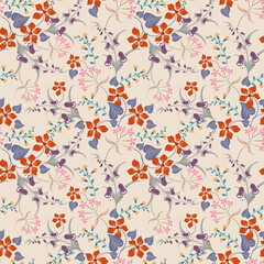 Ditsy pattern. Vector floral seamless texture. Abstract background with simple small meadow flowers, leaves, branches. Liberty style wallpapers. Elegant ornament. Repeat design for print, wallpapers