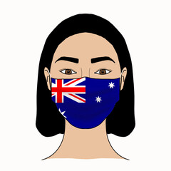 Coronavirus mask crisis. Australia health system. Flag of Australia coronavirus outbreak patterned mask wearing woman.