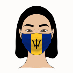 Coronavirus mask crisis. Barbados health system. Flag of Barbados coronavirus outbreak patterned mask wearing woman.