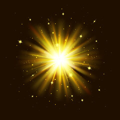 Golden glow light effect. Star burst explosion with sparkles on black background. Glowing shine lights