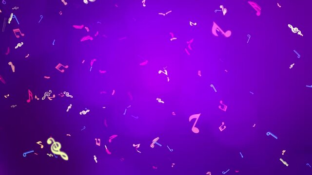 M usic notes Neon colors bright joyful 4K 3D Loop Animation New Motion Background. for concert performances, dance parties, music clips,, nightclubs, events, fashion shows, stage visuals.