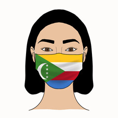 Coronavirus mask crisis. Comoros health system. Flag of Comoros coronavirus outbreak patterned mask wearing woman.