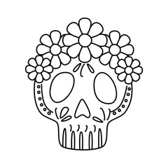 traditional mexican skull head with flowers line style icon