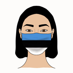 Coronavirus mask crisis. Estonia health system. Flag of Estonia coronavirus outbreak patterned mask wearing woman.