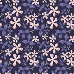 Floral seamless pattern. Simple vector texture with small hand drawn flowers, leaves. Beautiful summer abstract background. Modern doodle style painting. Pink and dark blue color. Repeated design