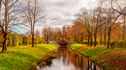 Krestovy Bridge in in the Alexander Park, Tsarskoe Selo, Russia. Summer residence of Russian...