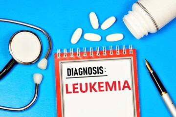 Leukemia. Text label to indicate the state of health. The diagnosis was made by a doctor. Treatment with pills.