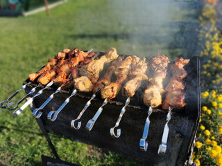 Summer or spring outdoor barbecue in nature with chicken legs and pork grilled on charcoal. Barbecue and street food concept. Russian kebab