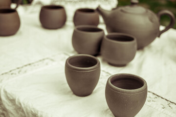 ceramic pots arranged on the table