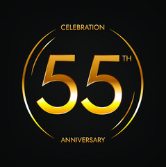 55th anniversary. Fifty-five years birthday celebration banner in bright golden color. Circular logo with elegant number design.