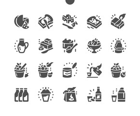 Various types of dairy products milk, cheese, cottage cheese, eggs, yogurt, sour cream and butter. Menu for restaurant and cafe. Vector Solid Icons. Simple Pictogram