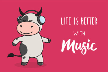 Cute greeting card with bull, cow or ox, the symbol of the year 2021 according to Chinese calendar. Cow in headphones dancing, inscription 