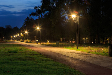 Lanterns in the park along the alley at night or at night