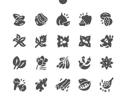 Herbs and spices selection. Aromatic ingredients and natural food additives. Ingredient for healthy food. Menu for restaurant and cafe. Vector Solid Icons. Simple Pictogram