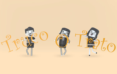 Young people in costumes holding truco trato letters. Halloween. 3d illustration.