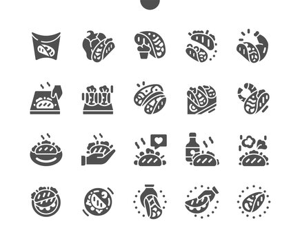Mexican hot tacos. Tacos cooking and ingredients for tacos. Mexican cuisine. Fast food. Menu for restaurant and cafe. Vector Solid Icons. Simple Pictogram