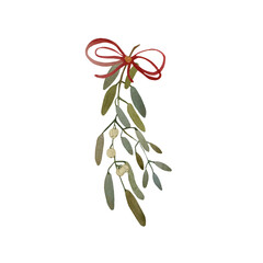 Watercolor illustration of one branch of mistletoe with red ribbon. Drawn by hand with watercolors and is suitable for all types of design and printing.