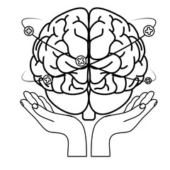 hands lifting brain human with pluss symbols around mental health care