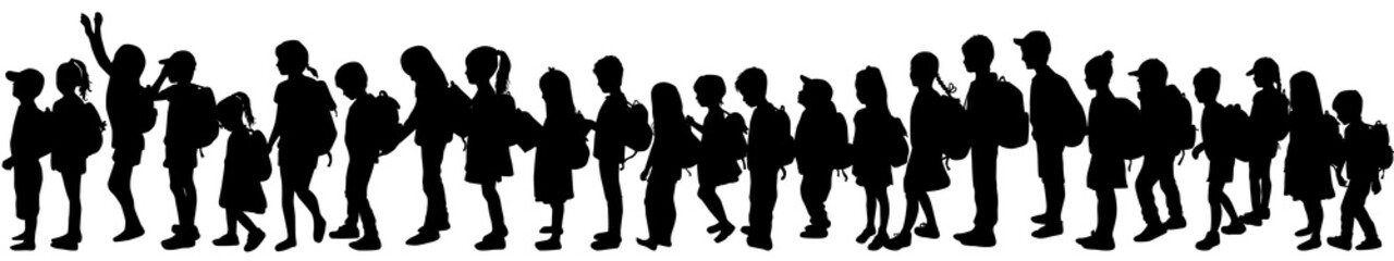 Silhouettes of a children with a backpack .